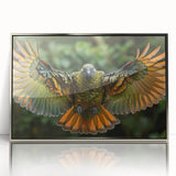 Mid-century modernist art of a Central American landscape in muted earth tones, framed in silver acrylic.