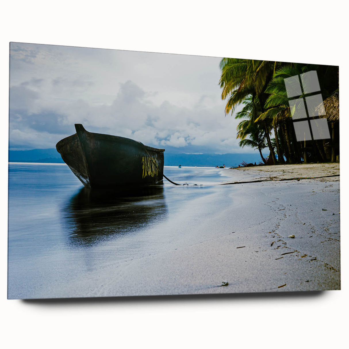 Large abstract wall art of a Central American scenery in vibrant hues on acrylic glass.