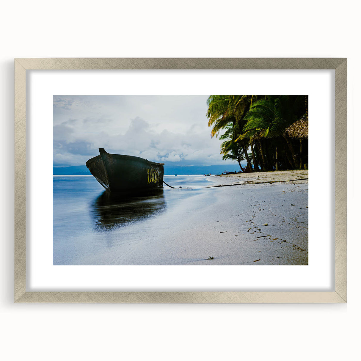 Vintage poster art of a Panama scenery in vibrant colors, framed in silver, ideal for living room decor.