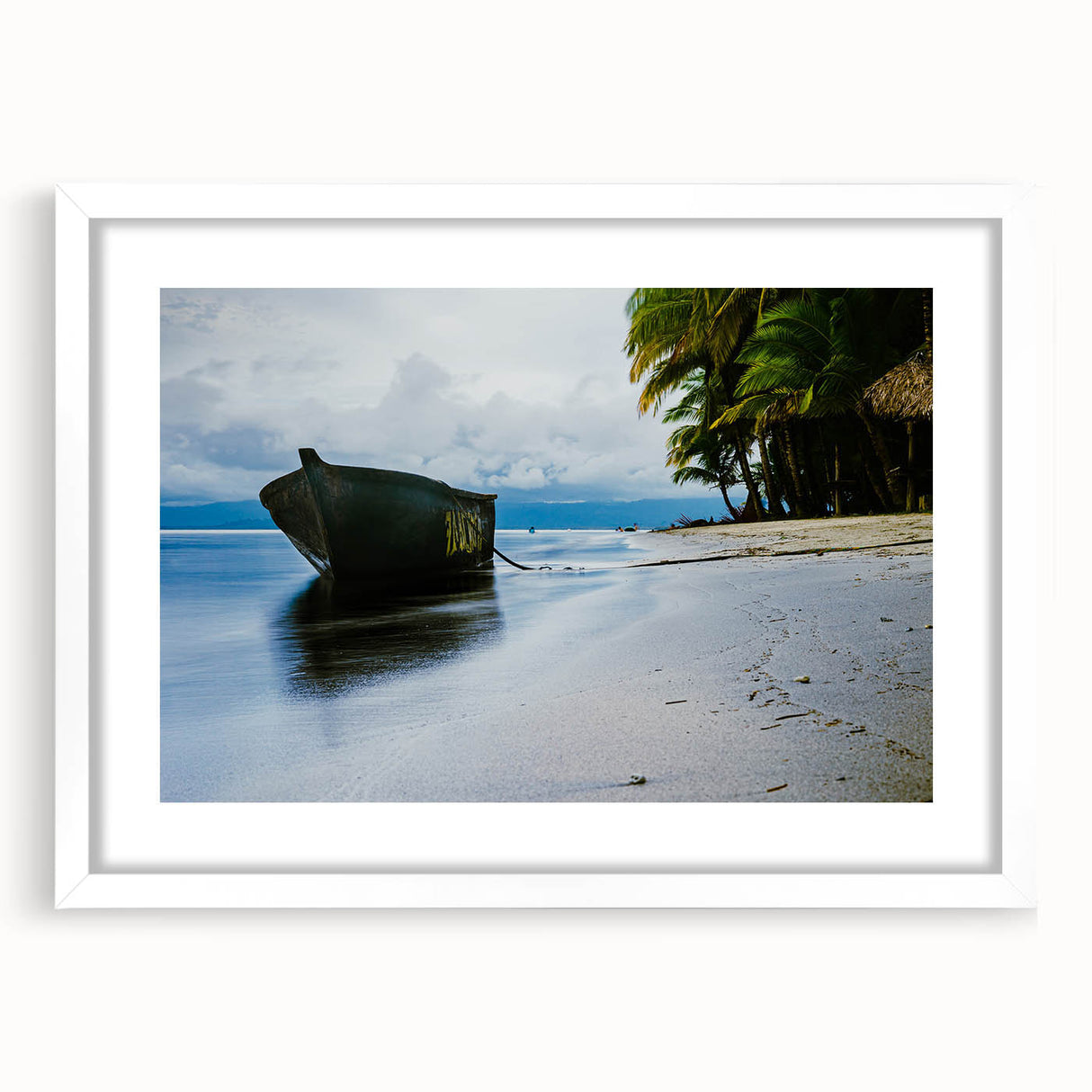 Extra large abstract art print of a colorful, textured Central American scenery on a white-framed canvas.