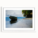 Extra large abstract art print of a colorful, textured Central American scenery on a white-framed canvas.