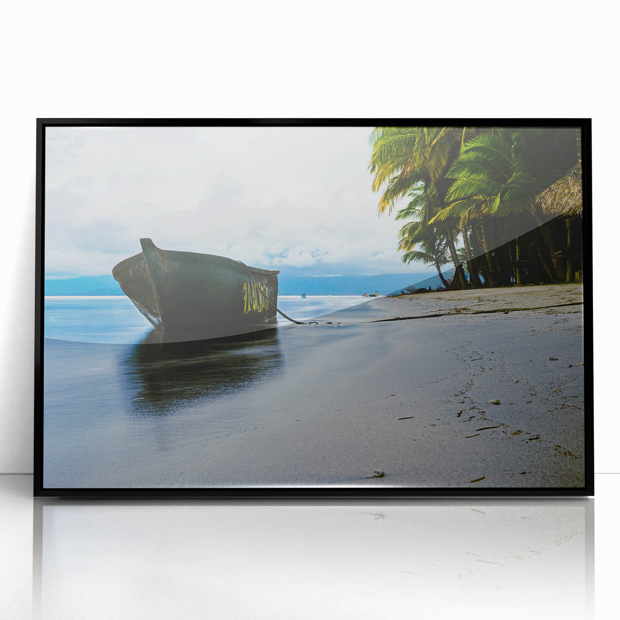 Large abstract wall art depicting a stylized Panama scenery in muted earth tones, framed in black acrylic.