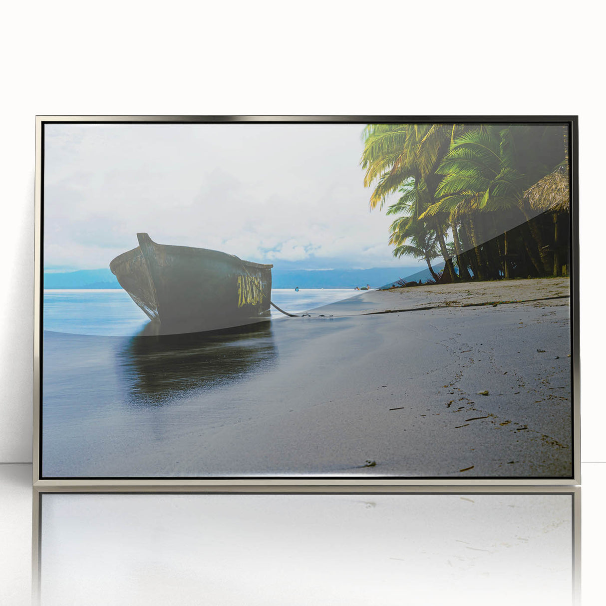 Mid-century modernist art of Central America scenery in silver framed acrylic, ideal for modern art wall decor.