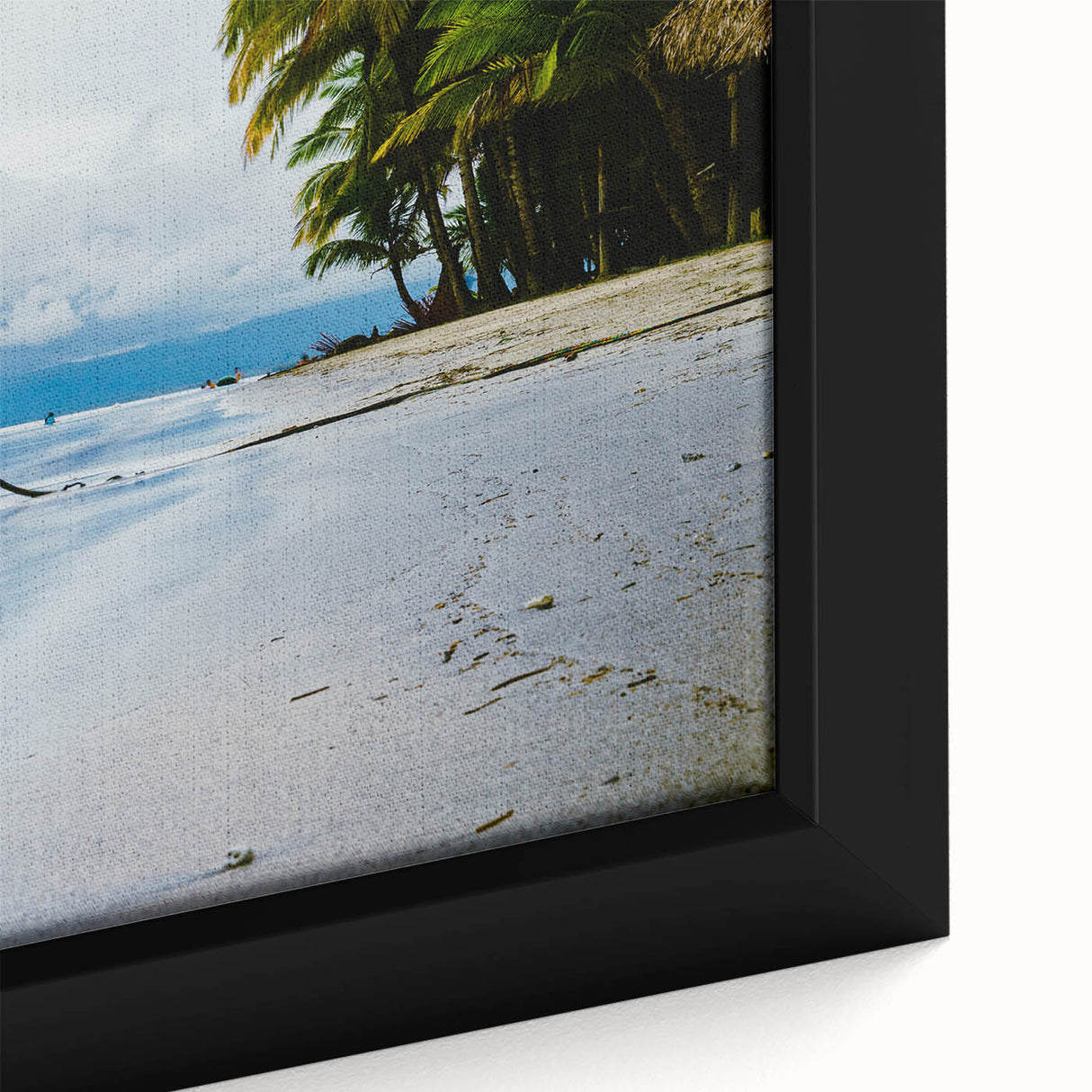 Extra large framed canvas featuring a textured depiction of a black and colorful Central American scenery.