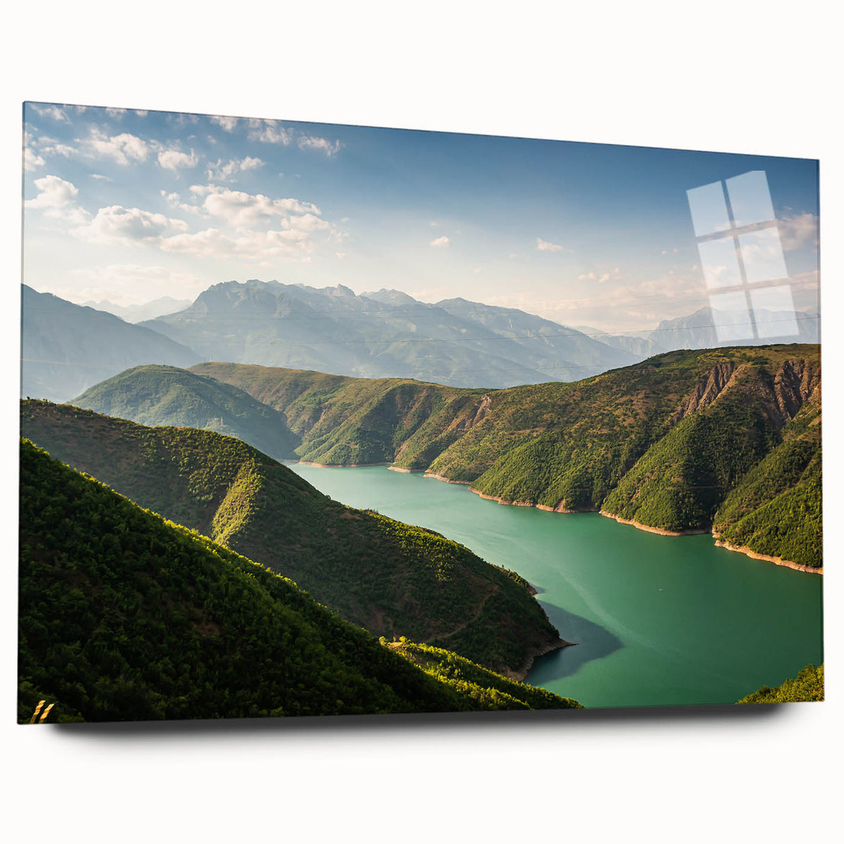Large abstract wall art of an Albanian landscape in muted earth tones on acrylic glass.