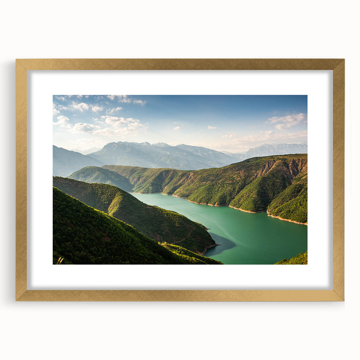 Extra large abstract art print of a European scenery in muted earth tones on a textured canvas, framed in gold.