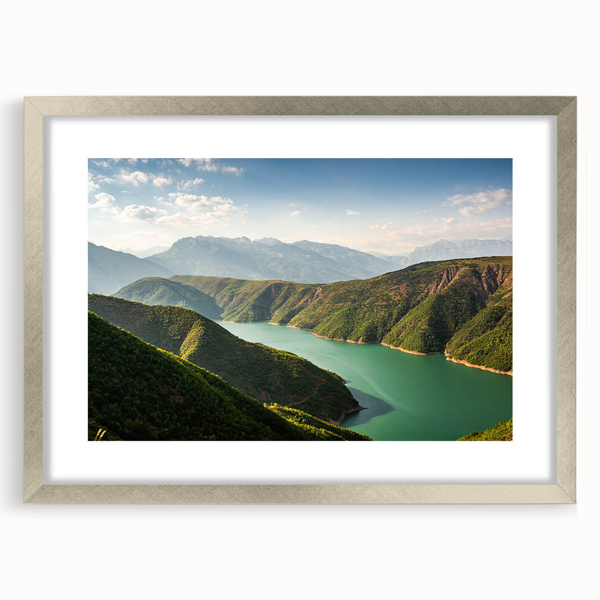 Textured abstract art print of a European scenery in muted earth tones, framed in silver, ideal for bedroom art.