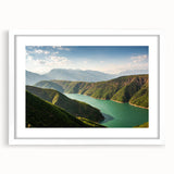 Abstract art print of a European Albanian scenery in muted earth tones on a white-matted frame.