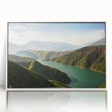 Art deco style poster of an Albanian landscape in muted colors, framed in white acrylic, suitable for nursery wall art.