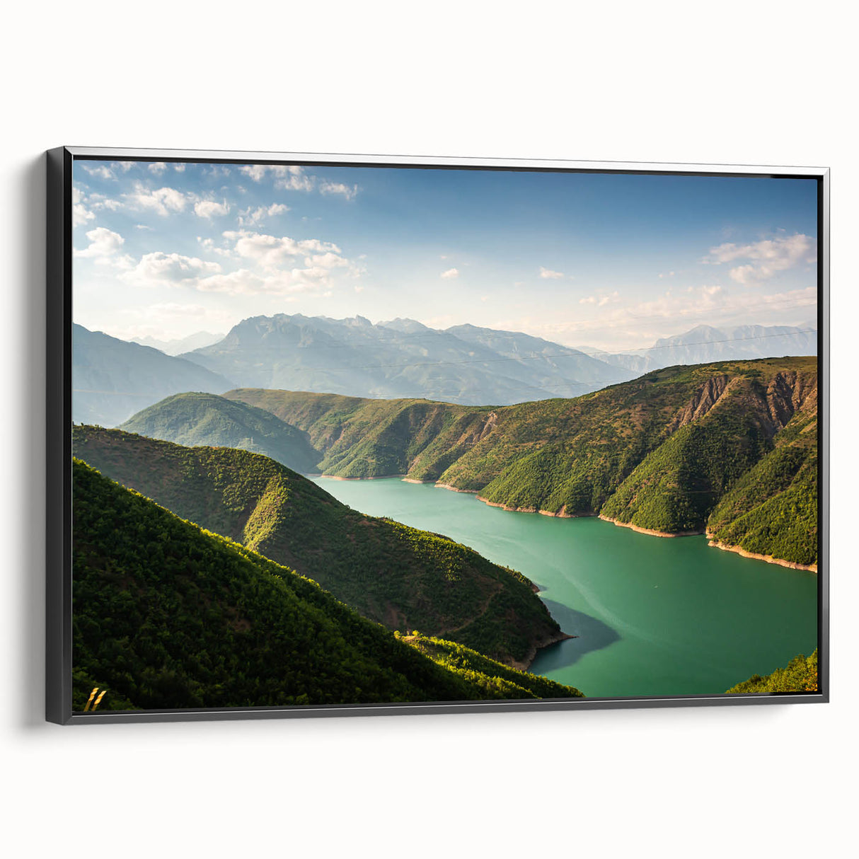 Black and white framed canvas depicting a vintage-style Albanian landscape, ideal for bedroom wall decor.