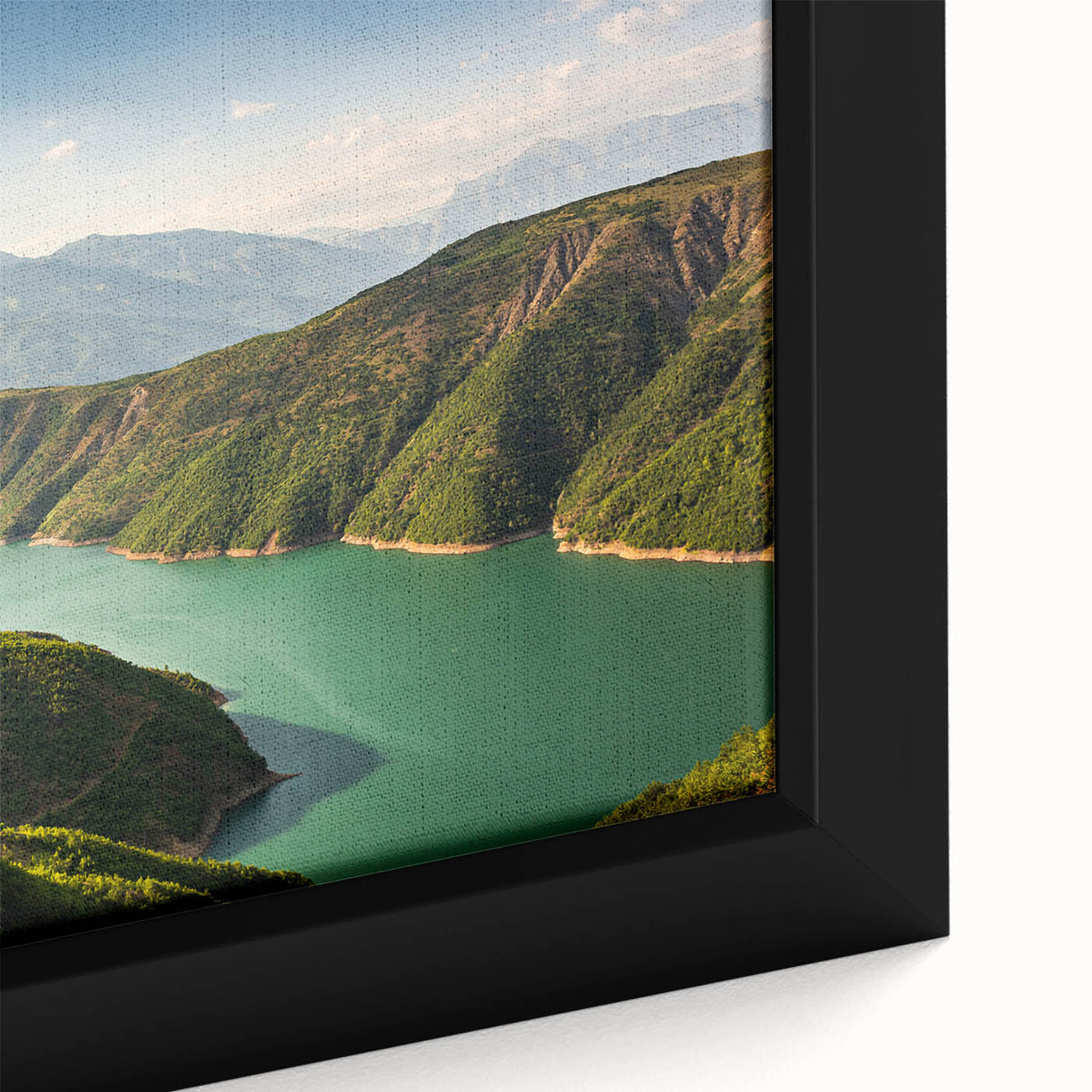 Extra large framed canvas depicting a textured, colorful Albanian landscape, ideal for living room decor.