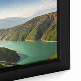 Extra large framed canvas depicting a textured, colorful Albanian landscape, ideal for living room decor.