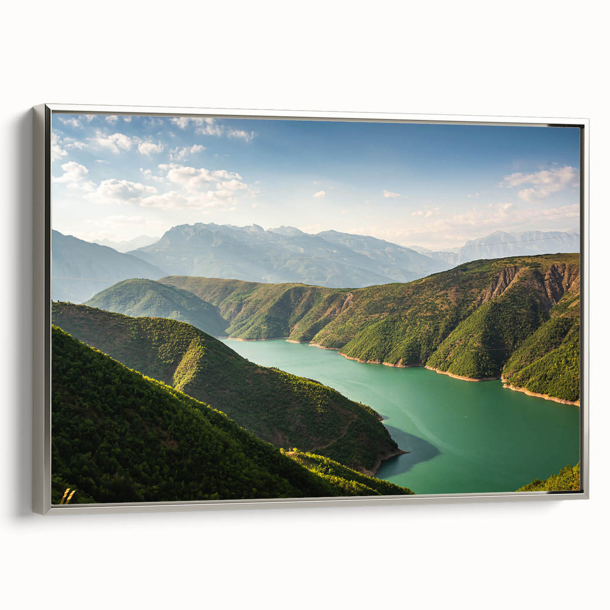Landscape art painting of Albania on a framed canvas, featuring colorful vintage poster art with black edges.