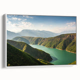 Vintage poster art of an Albanian landscape on a framed canvas, featuring vibrant colors, ideal for living room decor.