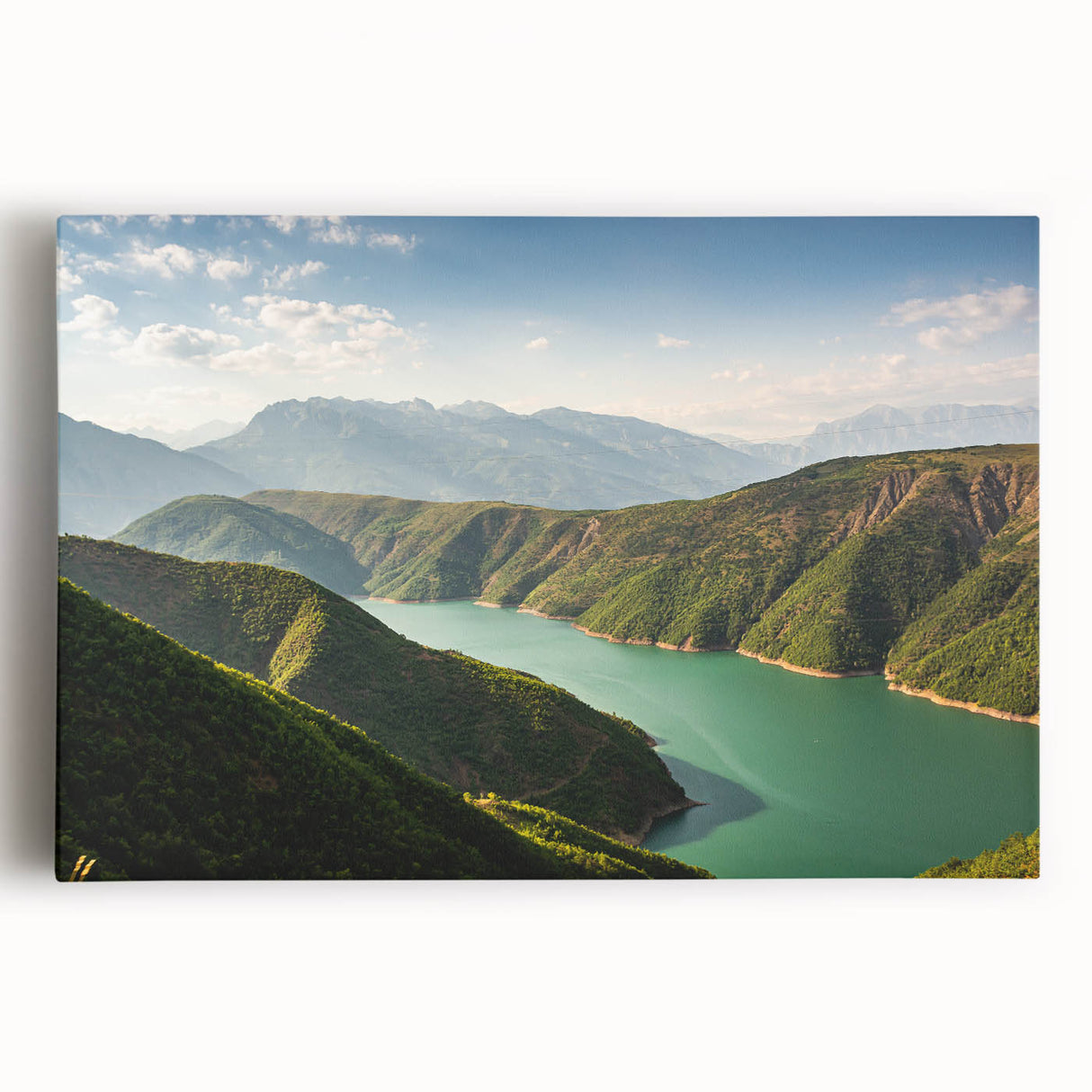 Black and white photograph of a European Albanian village on a large stretched canvas, ideal for kitchen wall art.