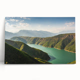 Black and white photo of Albanian scenery on large stretched canvas, ideal for kitchen wall art.