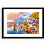 Extra large framed abstract art print depicting a colorful, textured European scenery, ideal for living room decor.