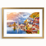 Abstract art print of a European landscape in muted earth tones on a framed canvas, ideal for dining room decor.