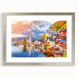 Extra large abstract art print of a textured European scenery in muted earth tones, framed in silver.