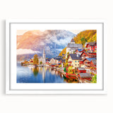 Textured abstract art print of a European scenery in muted earth tones, framed with a white mat, suitable for bedroom decor.