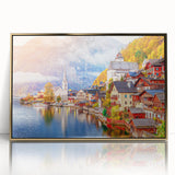 Art Deco style poster of a European scenery in Austria, with muted gold and blue tones on a framed acrylic.