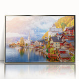 Large art print of a European Austrian landscape in muted earth tones, framed in silver acrylic.