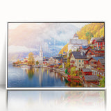 Mid-century modernist art depicting a serene European landscape in muted greens and blues on a framed acrylic.