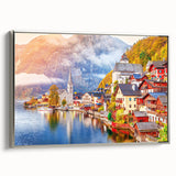 Landscape art painting of a scenic Austrian view in vibrant colors on a framed canvas, ideal for living room decor.