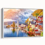 Vintage poster art of a European scenery, framed canvas with vibrant colors on a black background.