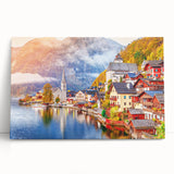 Black and white photograph of a European street scene on stretched canvas, ideal for kitchen wall art.