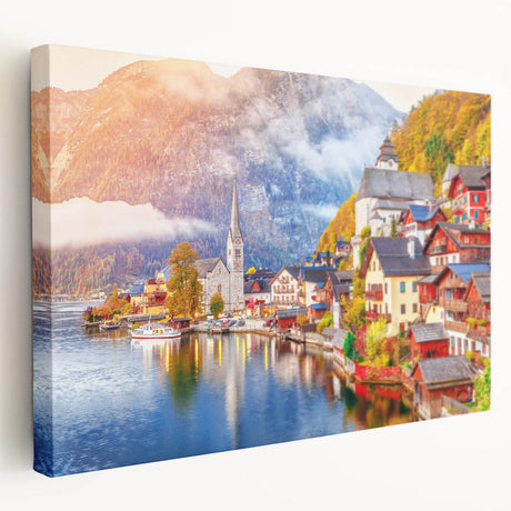 Large canvas print of a European Austrian landscape in muted earth tones, ideal for kitchen wall art.