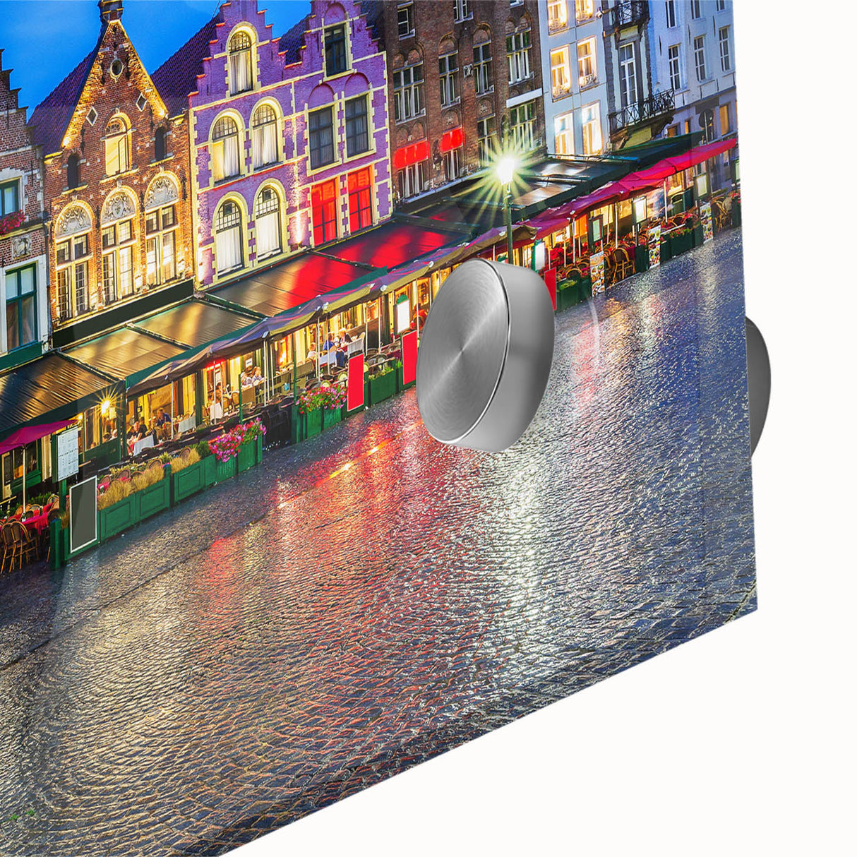 Large abstract wall art of a European scenery in muted earth tones on acrylic glass, ideal for bedroom or dining room decor.