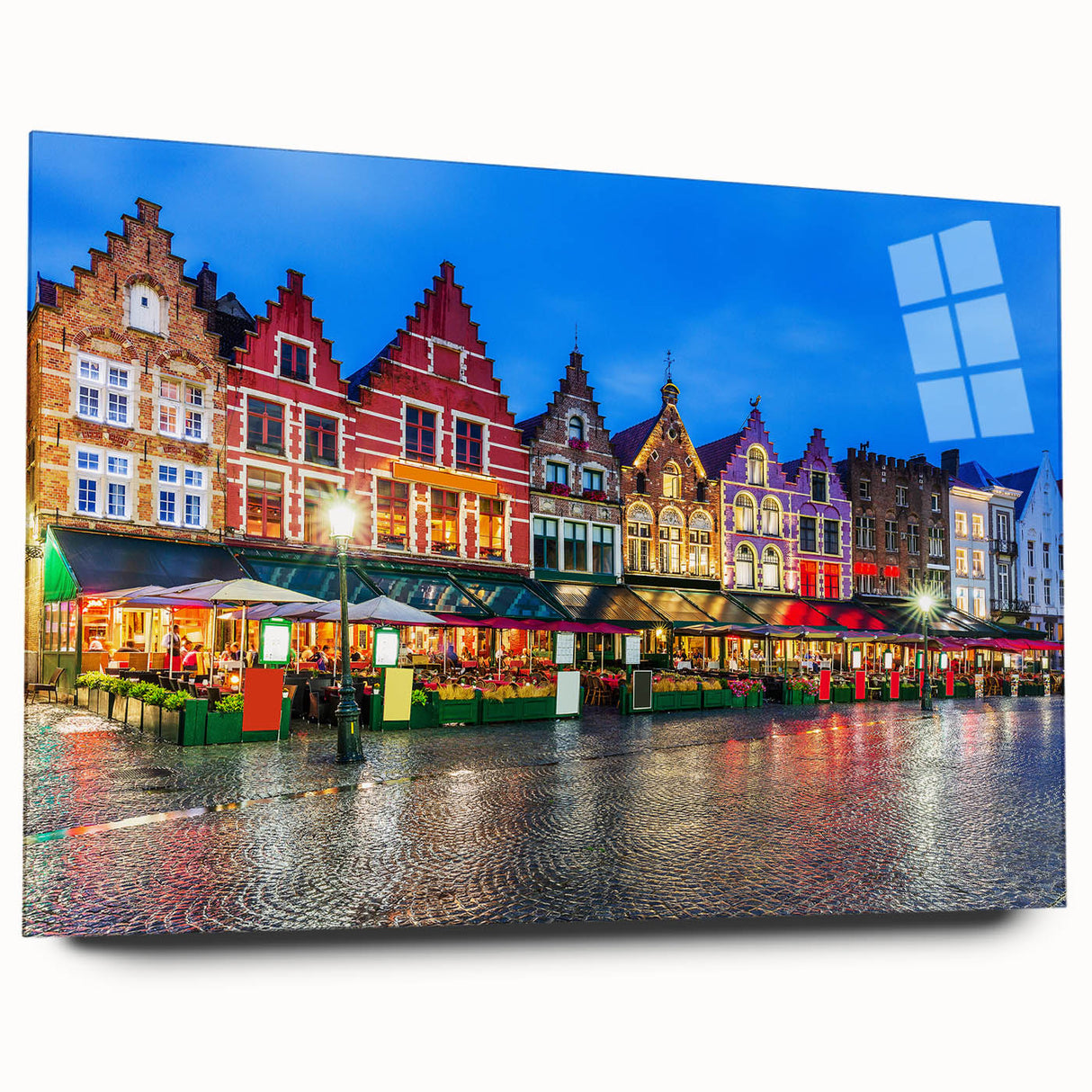 Large abstract wall art depicting a European cityscape in muted colors on acrylic glass.