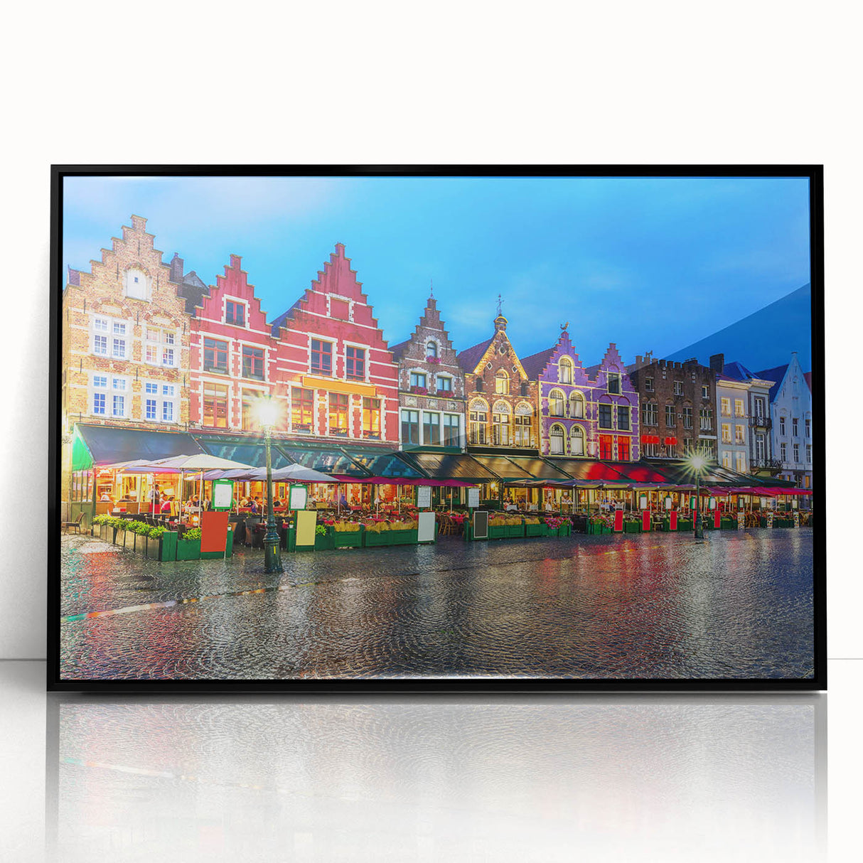 Large abstract wall art depicting a European cityscape in muted gray and blue tones, framed in black acrylic.