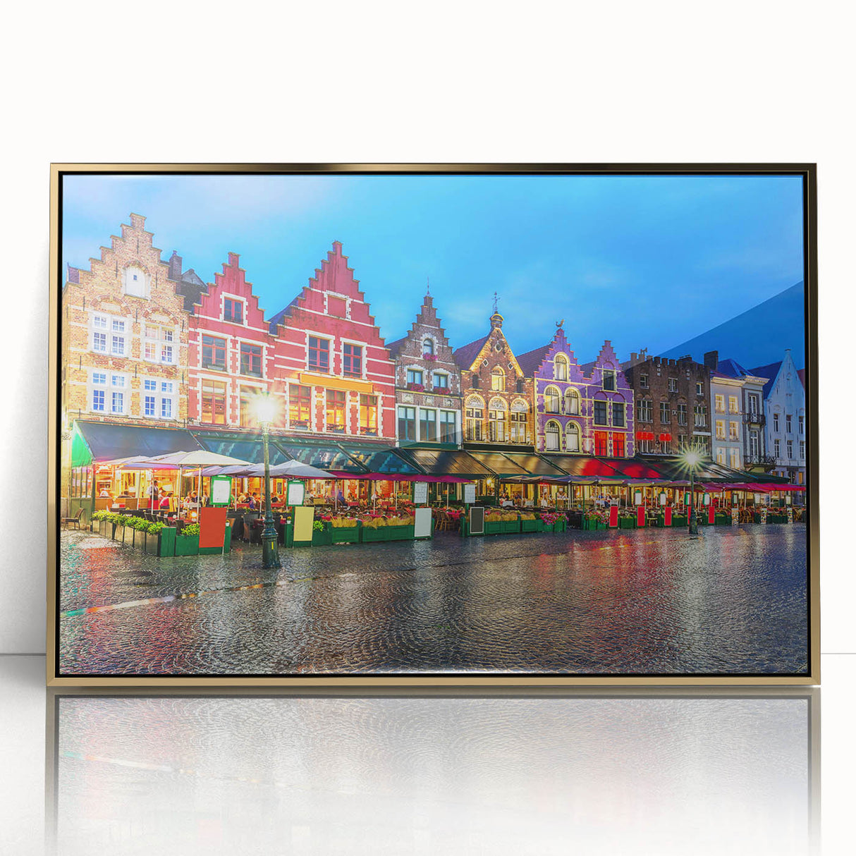 Art deco poster of a European cityscape in gold and black tones on framed acrylic, suitable for modern art wall decor.