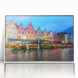 Mid-century modernist art depicting a serene Belgian landscape in muted earth tones, framed acrylic.