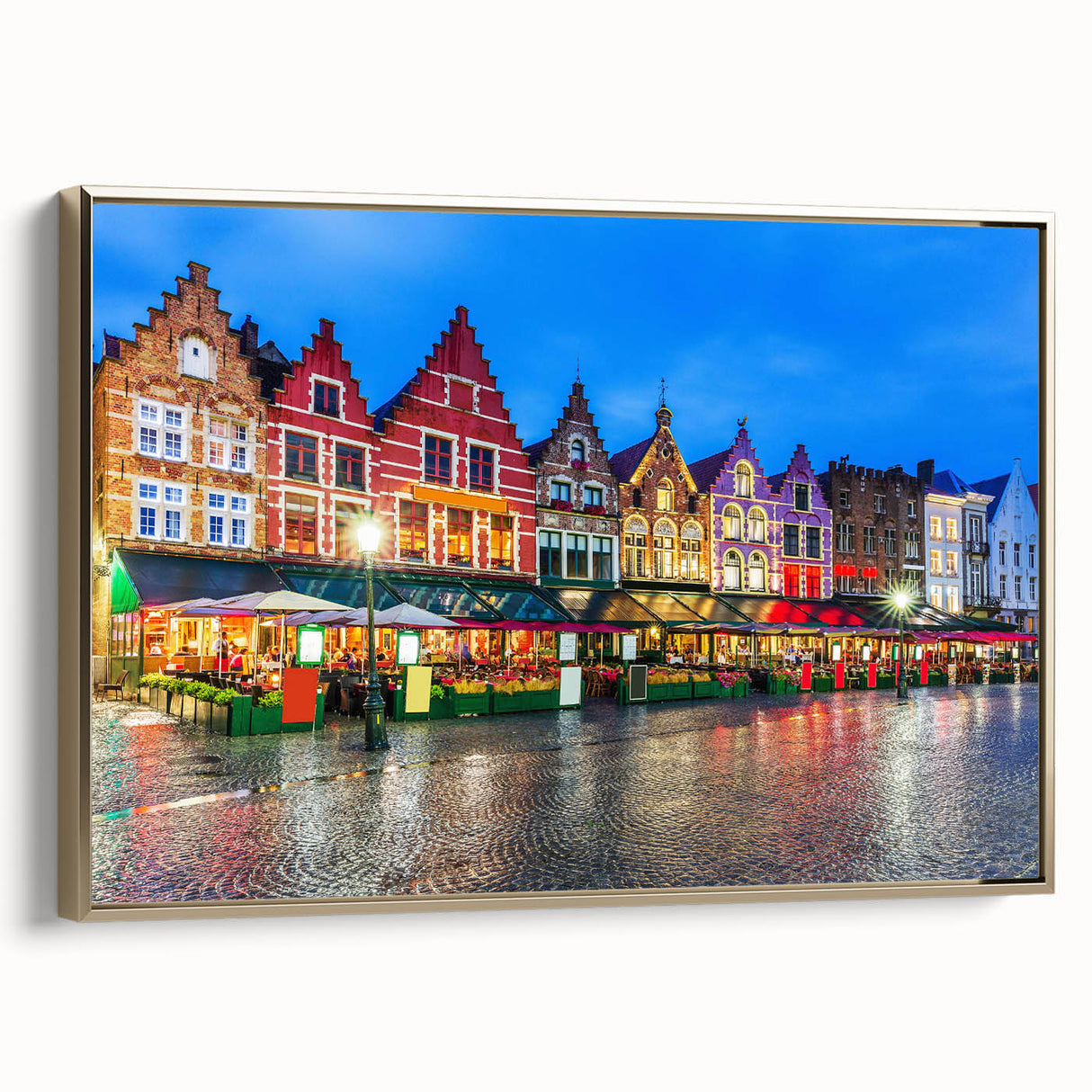 Framed canvas depicting a vintage European landscape with muted gold and black tones, ideal for bedroom wall decor.