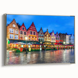 Landscape art painting of a European scenery on framed canvas, featuring colorful art with black borders.