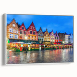 Vintage poster art of a European Belgium scenery on a framed canvas, featuring colorful art in extra large size.