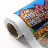 Art Deco poster of a European scenery in pastel colors on rolled canvas, ideal for nursery wall art.