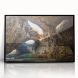 Large abstract wall art depicting European scenery in muted earth tones on a black framed acrylic.