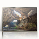 Mid-century modernist style large art print of a scenic European landscape in muted earth tones, framed in silver acrylic.