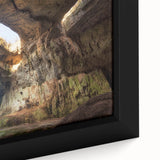 Framed canvas of a textured Bulgarian landscape in black with colorful accents, ideal for living room decor.