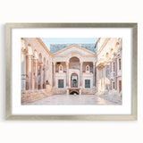 Extra large abstract art print of a Croatian landscape, featuring textured blues and greens on a silver-framed canvas.