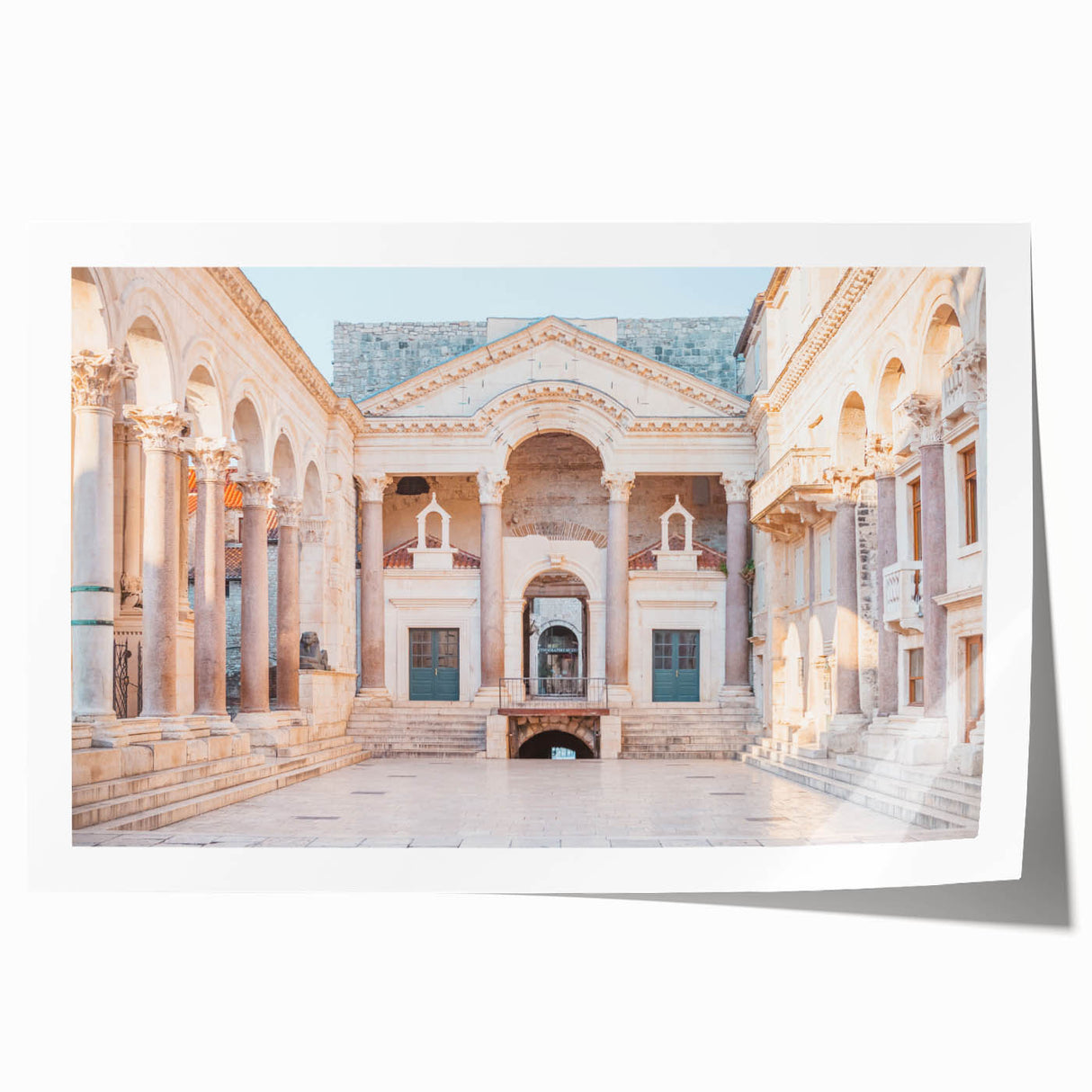 Extra large rolled print of a European Croatian landscape with vibrant green and blue tones, ideal for dining room wall art.