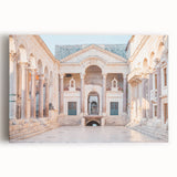 Black and white photograph of a European coastal scene on stretched canvas, suitable as large kitchen wall art.