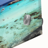 Large abstract wall art of a European Cyprus landscape in muted earth tones on acrylic glass, ideal for dining room decor.