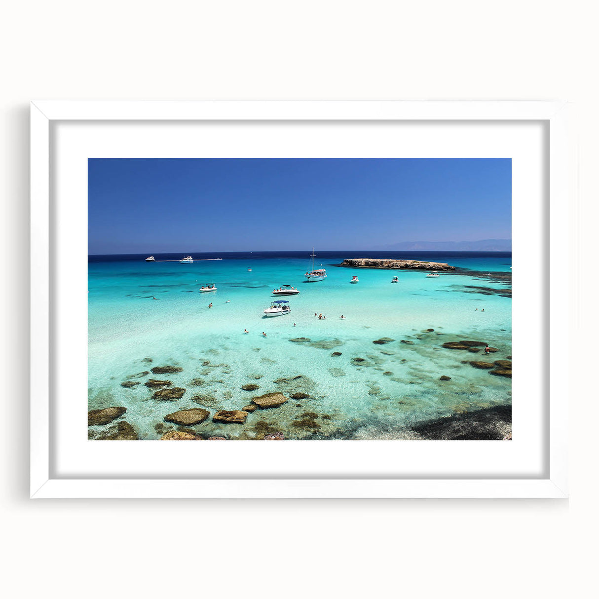 Textured abstract art print of a European Cyprus landscape in muted earth tones on a framed white mat, ideal for bedroom art.