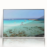 Mid-century modernist art depicting a European Cyprus landscape on framed acrylic, with muted earth tones.