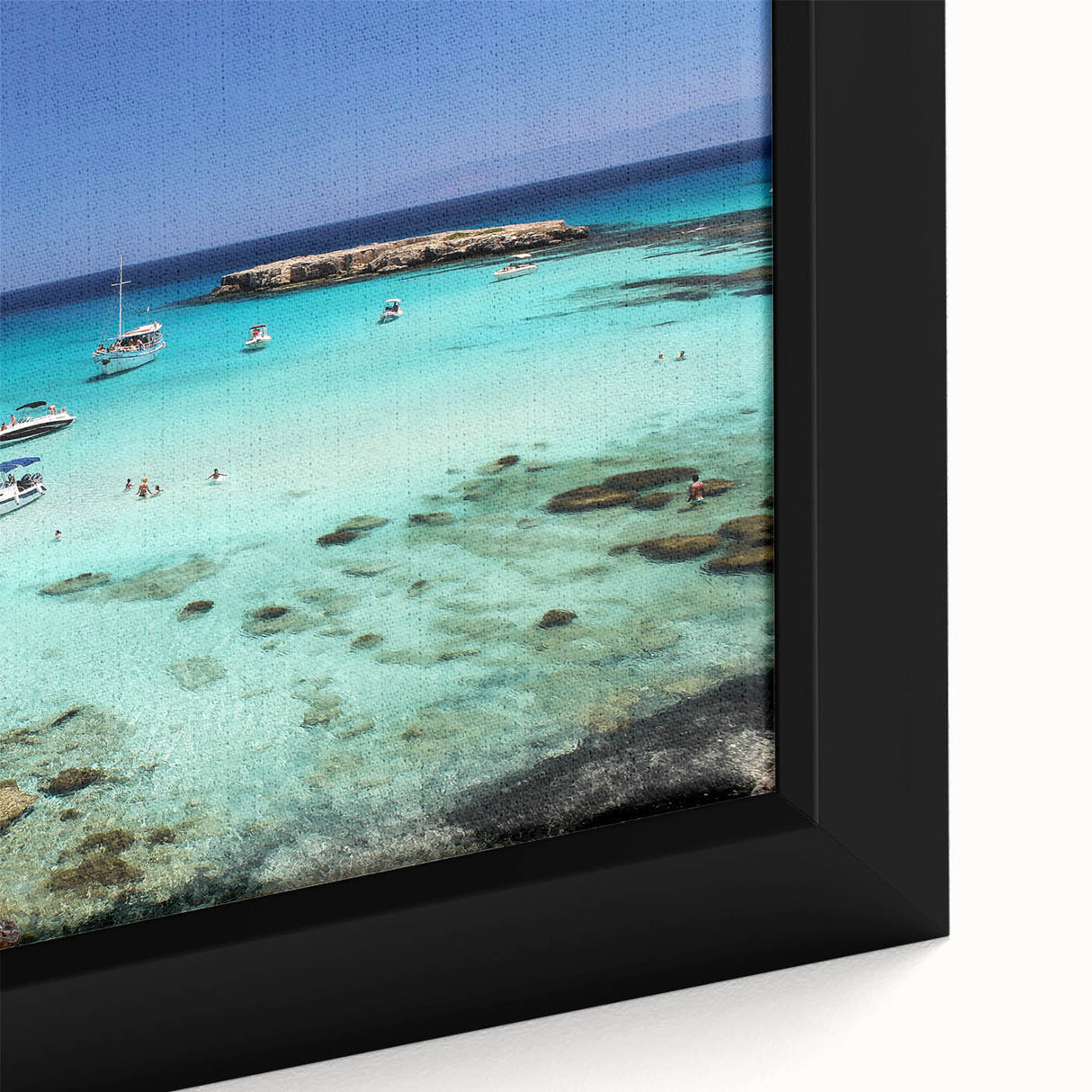 Extra large black wall art of a textured European Cyprus scenery on framed canvas, with colorful details.